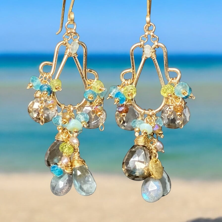 Gold Filled Gemstone Chandelier Earrings Moss Aquamarine, Smokey Quartz, Apatite