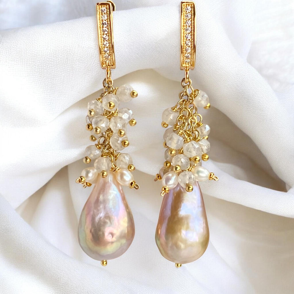 Baroque Flameball Gold Silver Metallic Pearl Earrings with Mystic Crystal Clusters Gold Fill