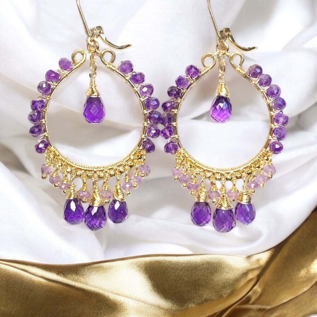 Amethyst Gold Fill Hoop Chandelier Earrings