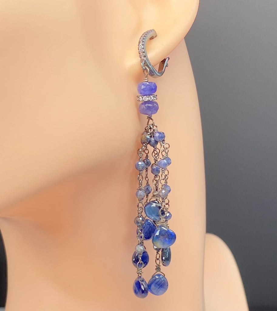 Blue Sapphire Kyanite Boho Tassel Earrings in Oxidized Sterling Silver