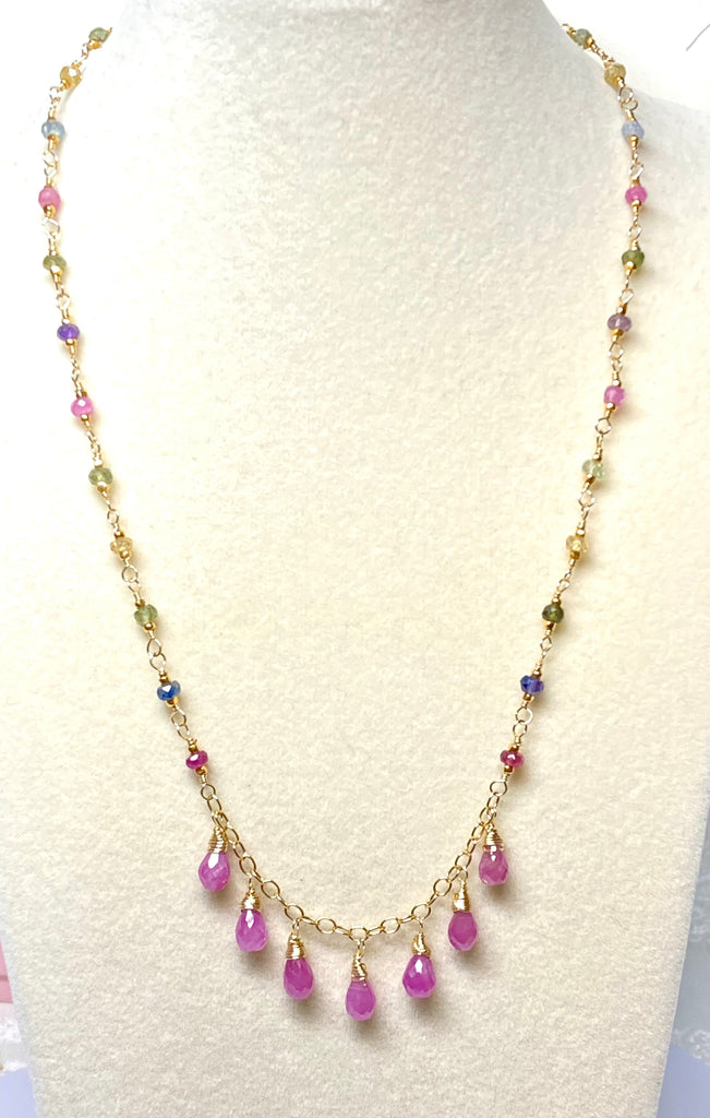 Pink Sapphire 14K Gold Fill Dangle Necklace Rosary Style Wire Wrap