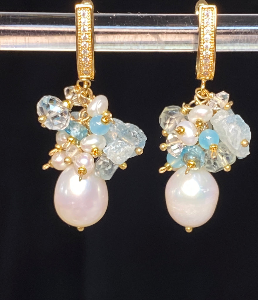 Aquamarine & Baroque Pearl Cluster Earrings Gold Fill — Blue Topaz, Blue Chalcedony & Raw Aquamarine - Doolittle