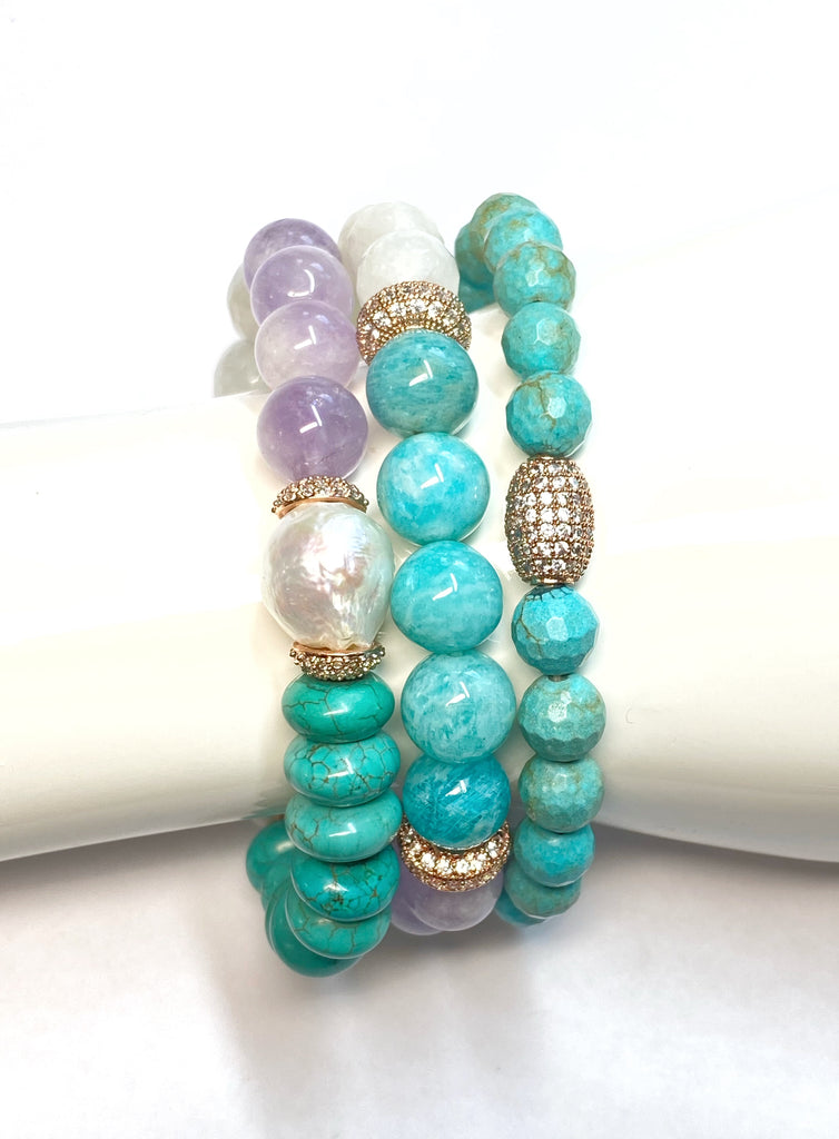 Turquoise Bracelet Stack Set of 3 Rose Gold Pave CZ Moonstone Lavender Quartz