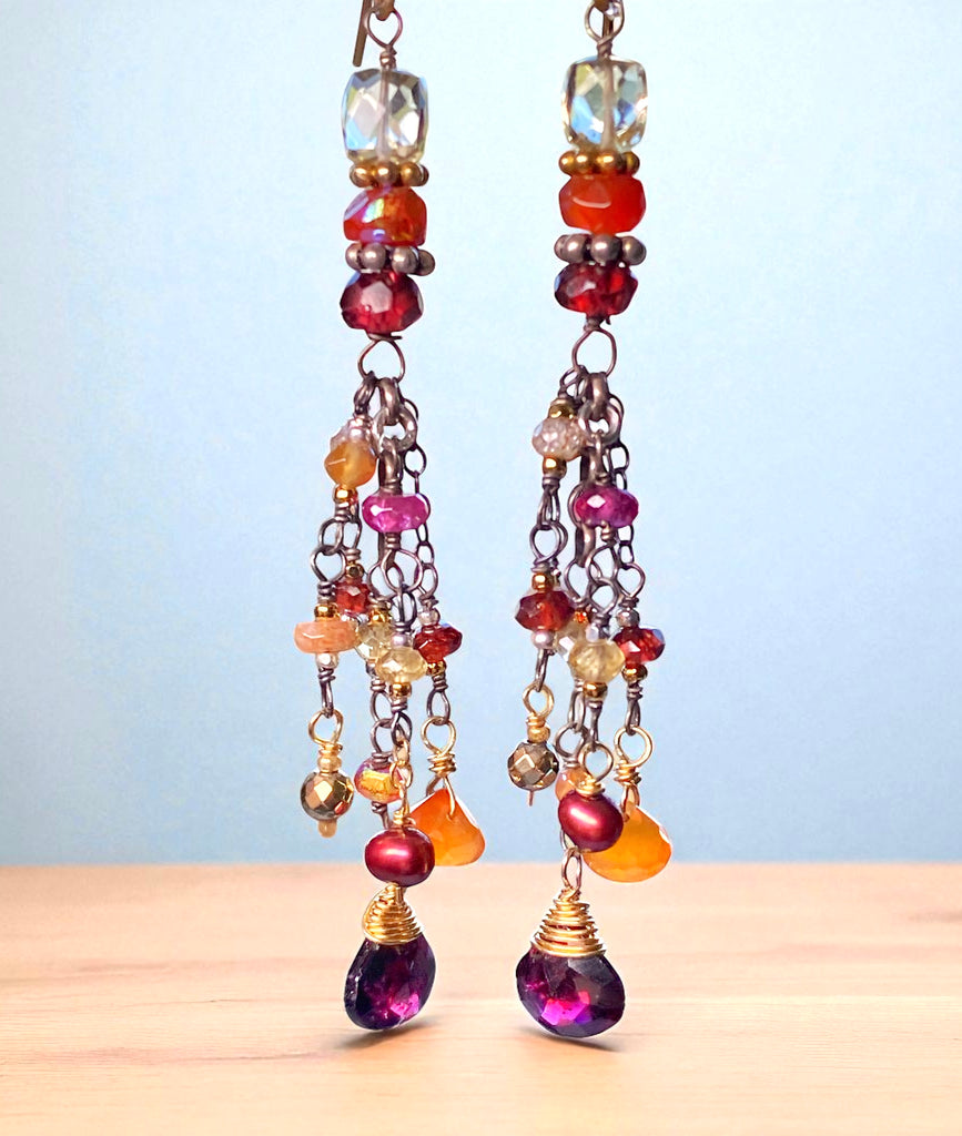 Multi Gemstone Gem Dangle Earrings, Boho Tassel Style, Red Garnet, Carnelian, Citrine, Mixed Metal