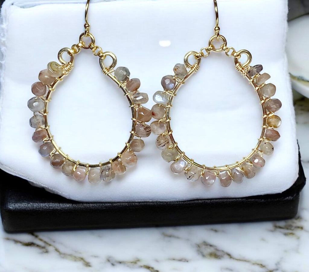 Chocolate Moonstone Hoop Earrings, Gold Fill, Sterling Silver