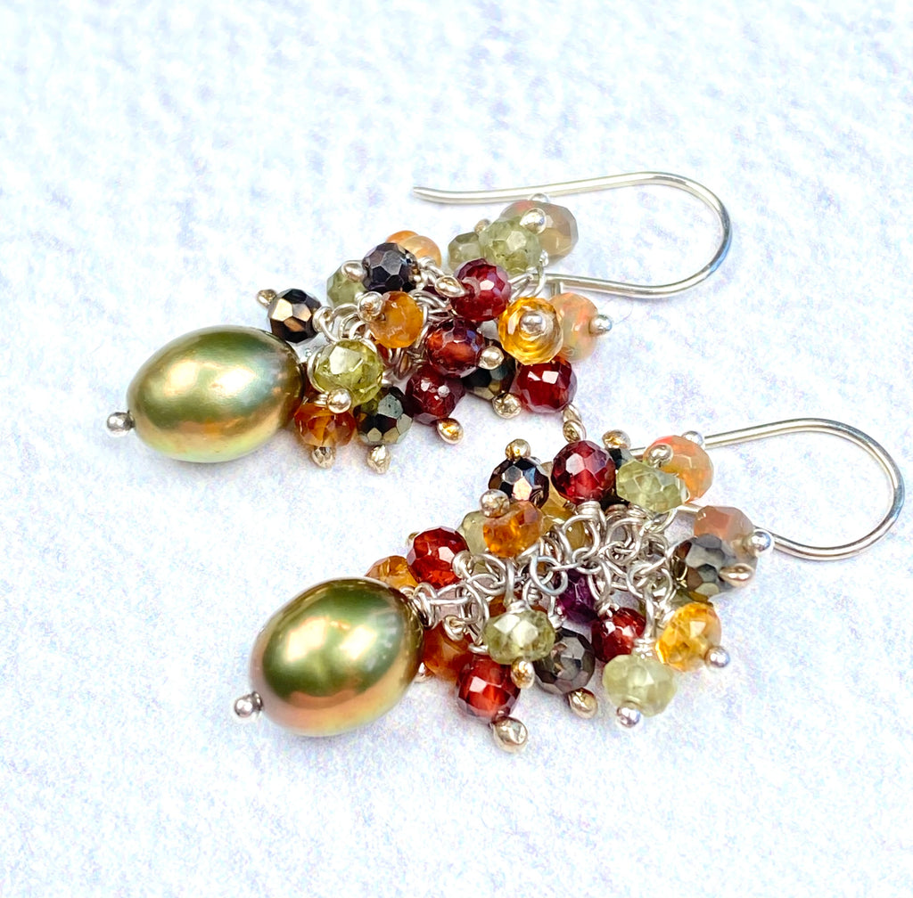 Olive Green Pearl Gemstone Cluster Earrings Sterling Silver with Opals