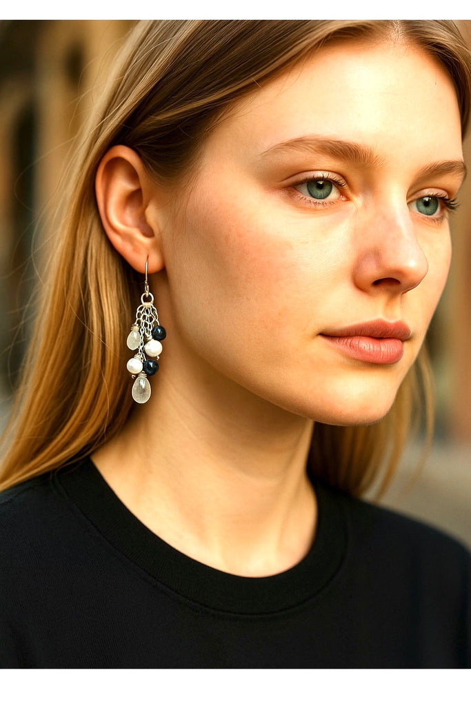 Black and White, Moonstone Black Spinel Dangle Earrings, Sterling SIlver