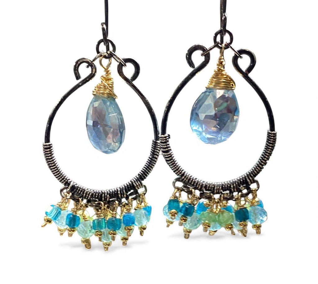 Aqua Apatite Oxidized Sterling Silver Hoop Chandelier Earrings