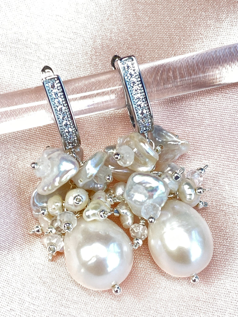 Baroque Pearl Bridal Cluster Earrings Sterling Silver - Doolittle