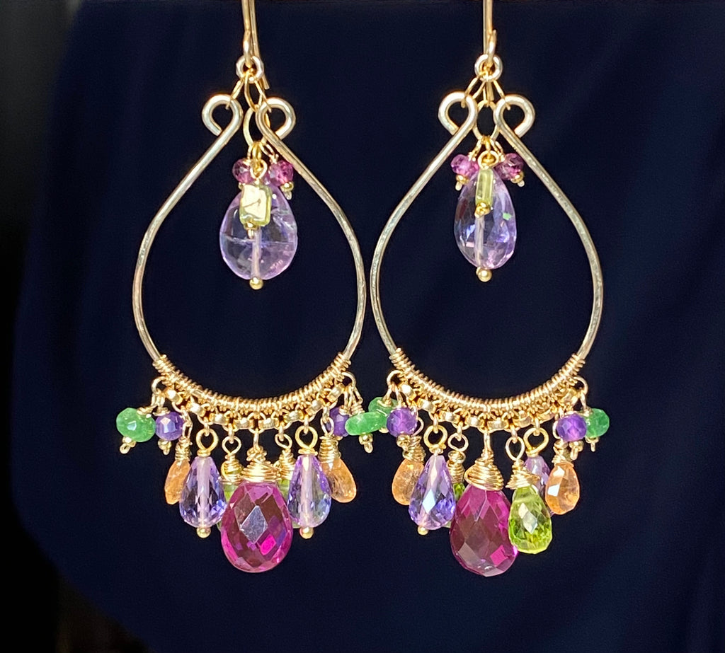 Multi gemstone statement hoop earrings with peridot, amethyst and garnet on black background — handmade 14kt gold fill chandelier earrings