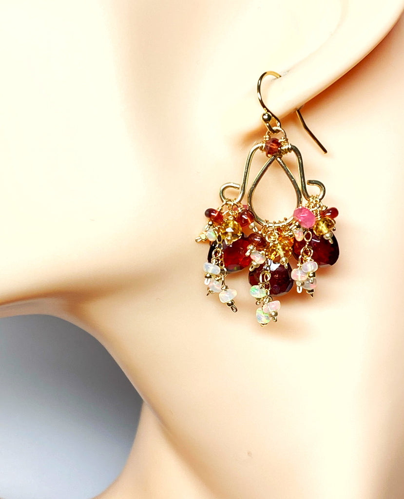 Red Garnet Chandelier Earrings Opal Dangle Gold Fill