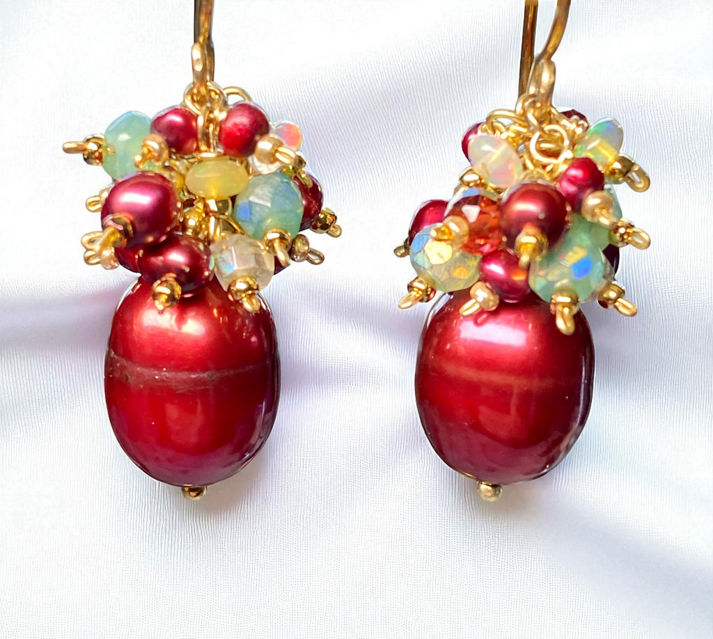 Red Pearl Gemstone Cluster Earrings, Gold Fill