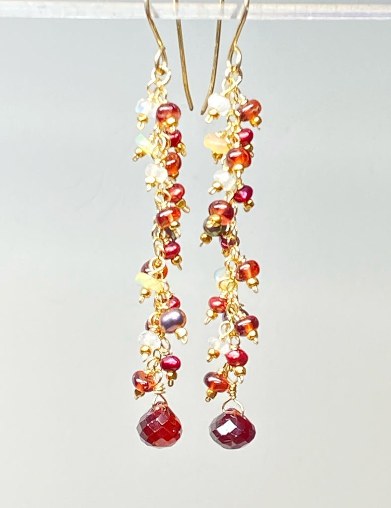 Red Garnet Cranberry Pearl and Opal Long Dangle Earring, Gold