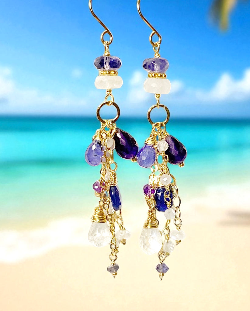 Blue Violet Gemstone Dangle Earrings - Amethyst, Tanzanite, Kyanite, Moonstone