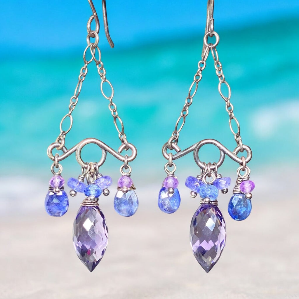 Blue Purple Gemstone Handmade Chandelier Earrings Oxidized Silver Tanzanite