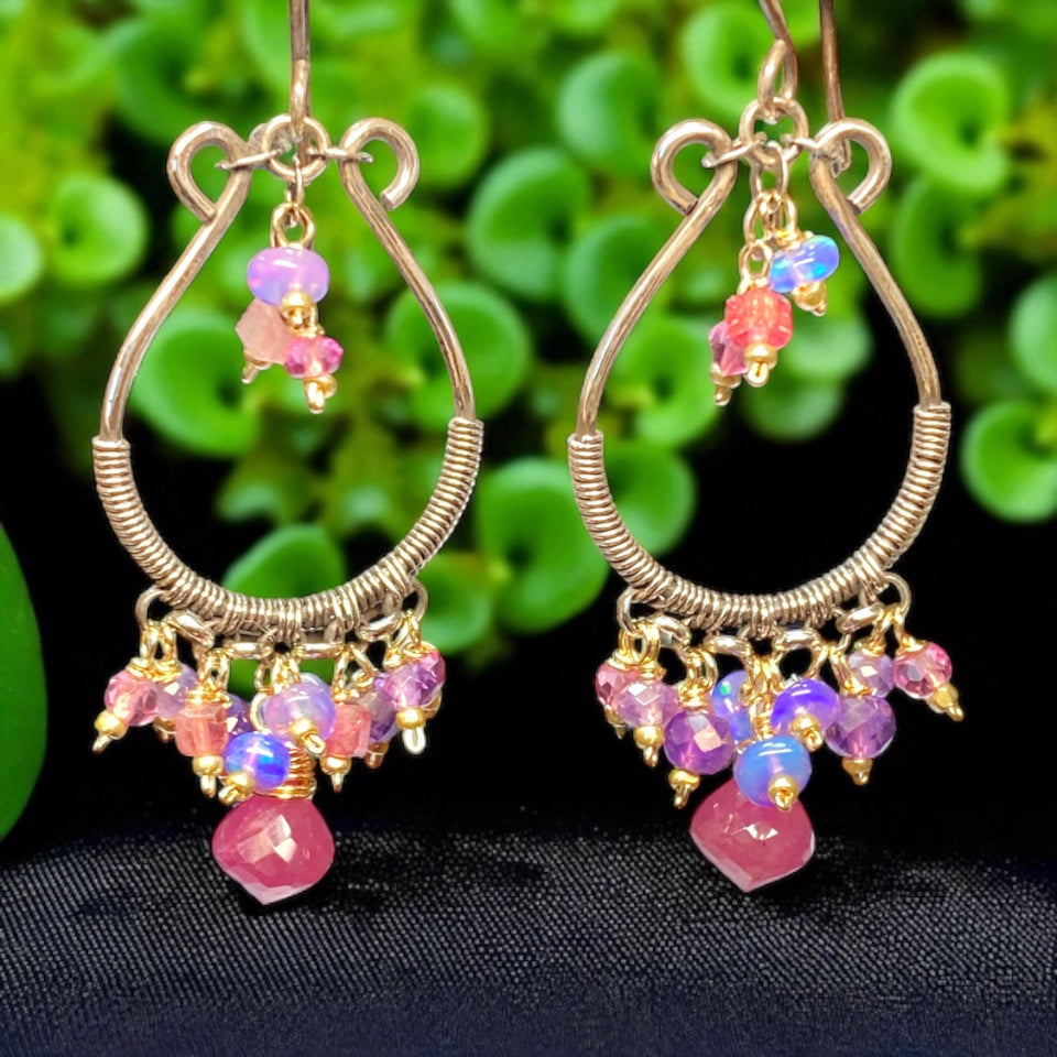 Pink Sapphire Mixed Metal Hoop Chandelier Earrings - Oxidized Sterling Silver - Doolittle