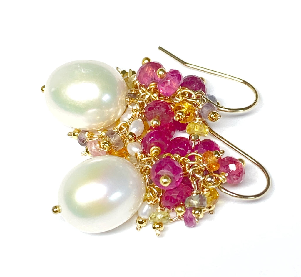 Pearl and Pink Sapphire Cluster Earrings Gold 2 - not used