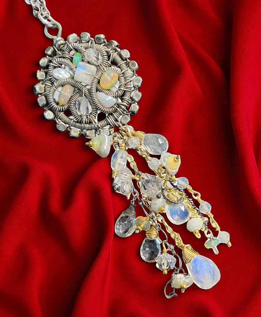 Opal, Moonstone, Crystal Oxidized Silver Coiled Pendant Necklace