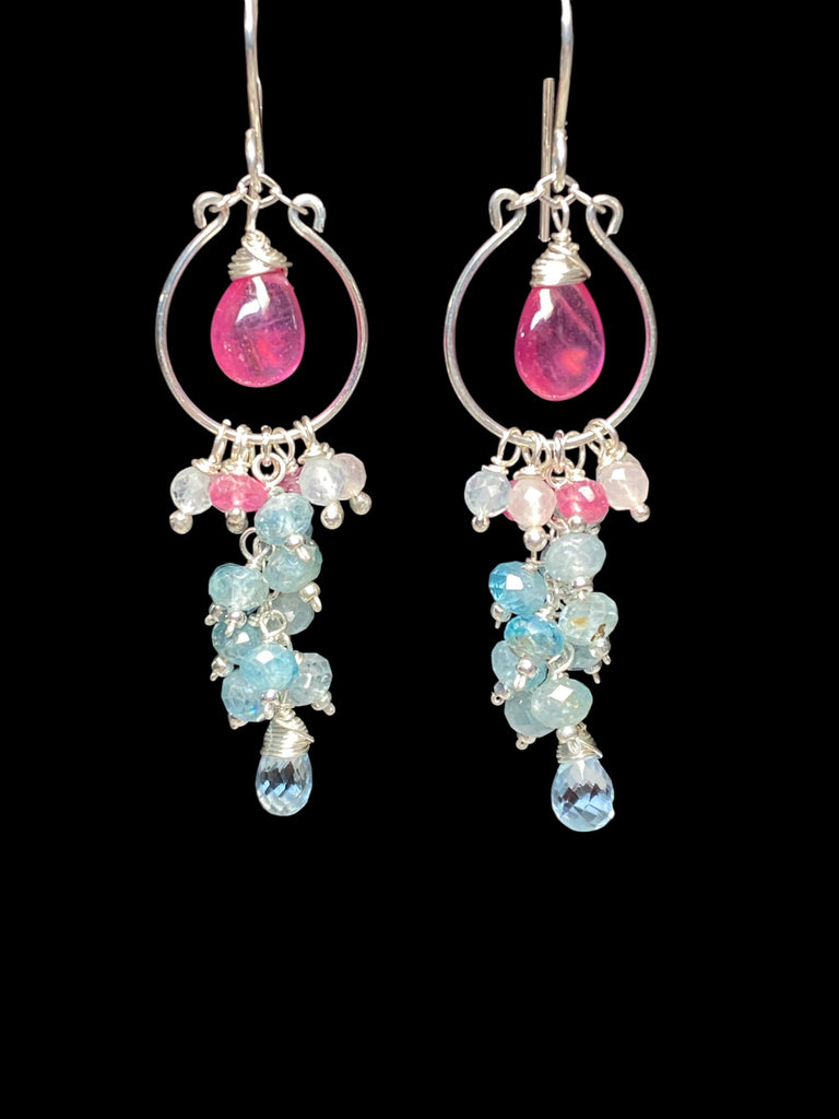 Blue Aquamarine, Natural Blue Zircon, Pink Sapphire Chandelier Hoop Earrings Sterling Silver - Doolittle