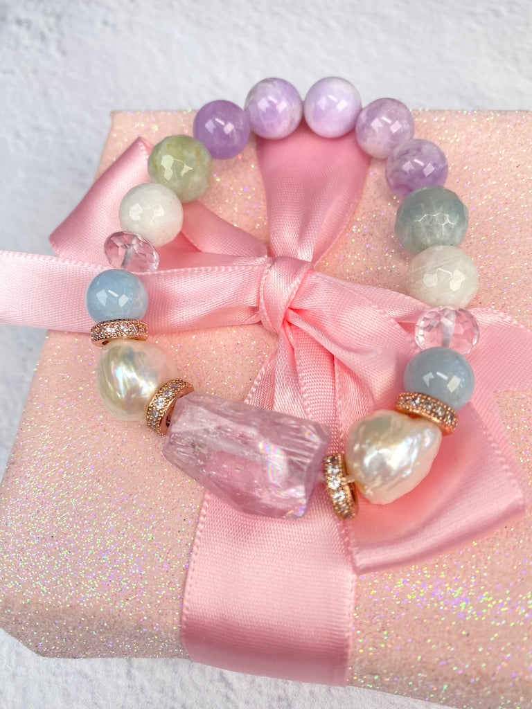 Kunzite, Pearl, Pastel Gemstone Stretch Stacking Bracelet - Doolittle