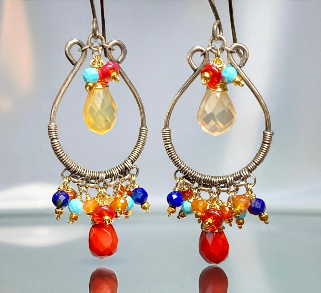 Multi Gemstone Hoop Chandelier Earrings, Mexican Fire Opal, Mixed Metals 3