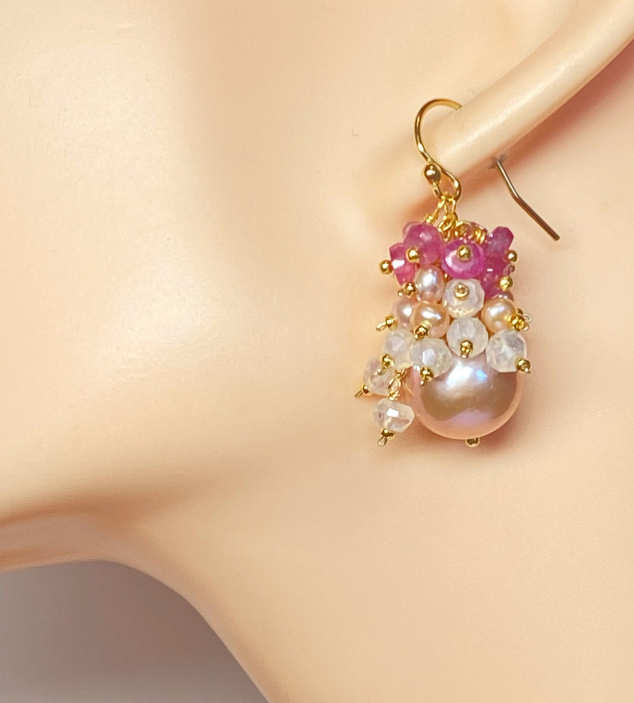 Blush Pearl Pink Sapphire Mystic Quartz Cluster Earrings