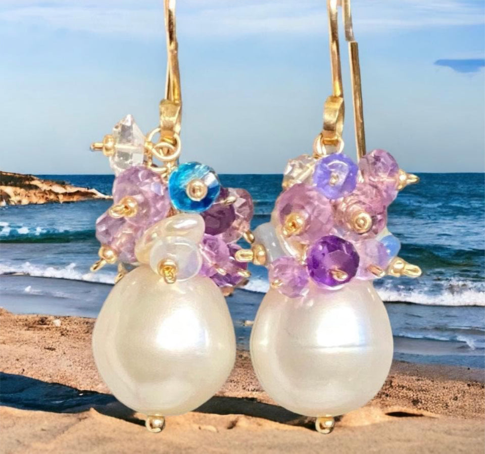 Gemstone Cluster Pearl Earrings Amethyst Tanzanite Gold