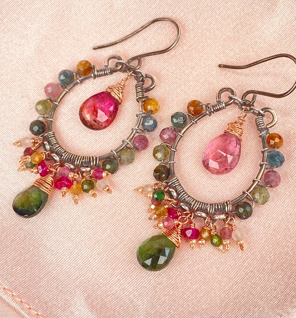 Pink and Green Tourmaline Mixed Metal Hoop Chandelier Earrings - Rose Gold, Oxidized Silver