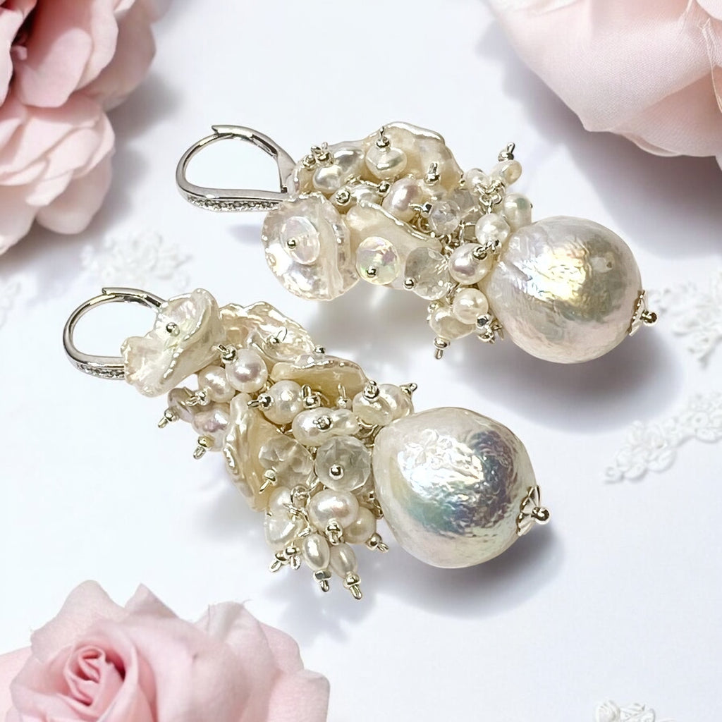 Baroque Pearl Cluster Bridal Earrings White Keishi and Opal Cascade