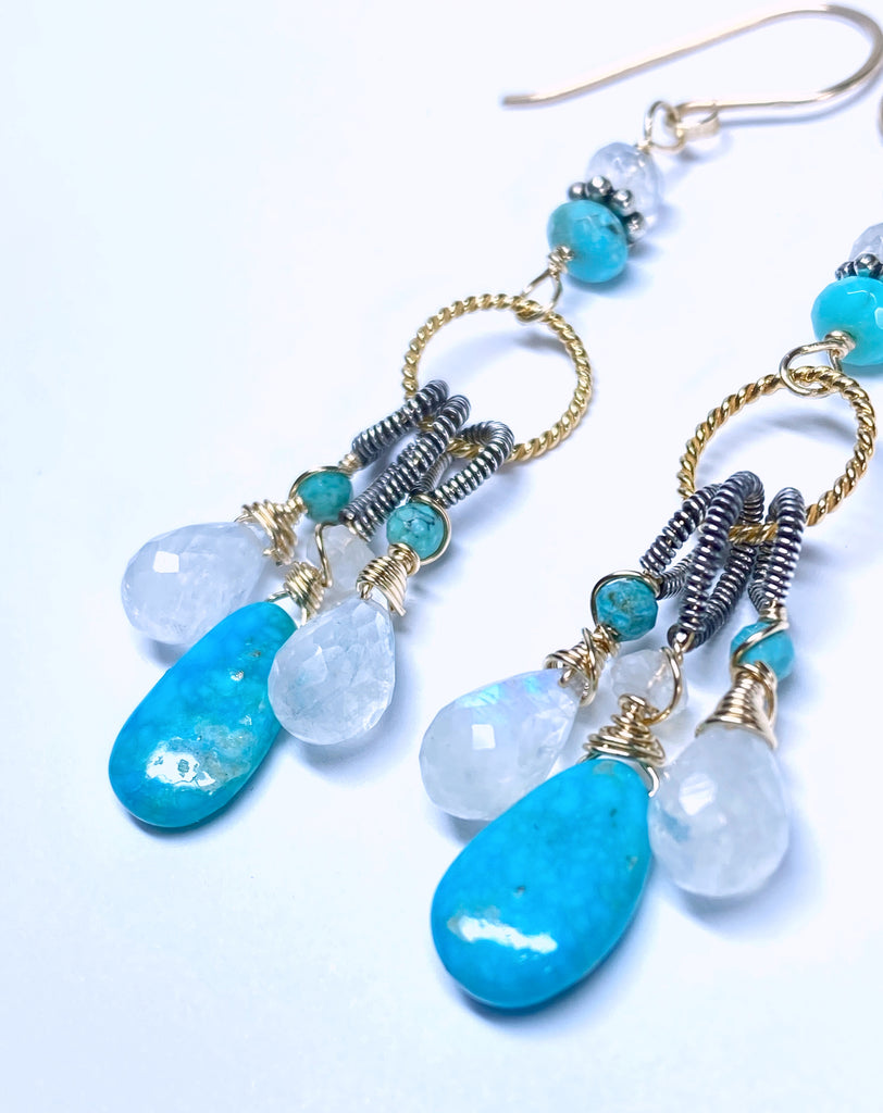 Kingman Turquoise, Rainbow Moonstone Dangle Earrings Mixed Metals, Handmade