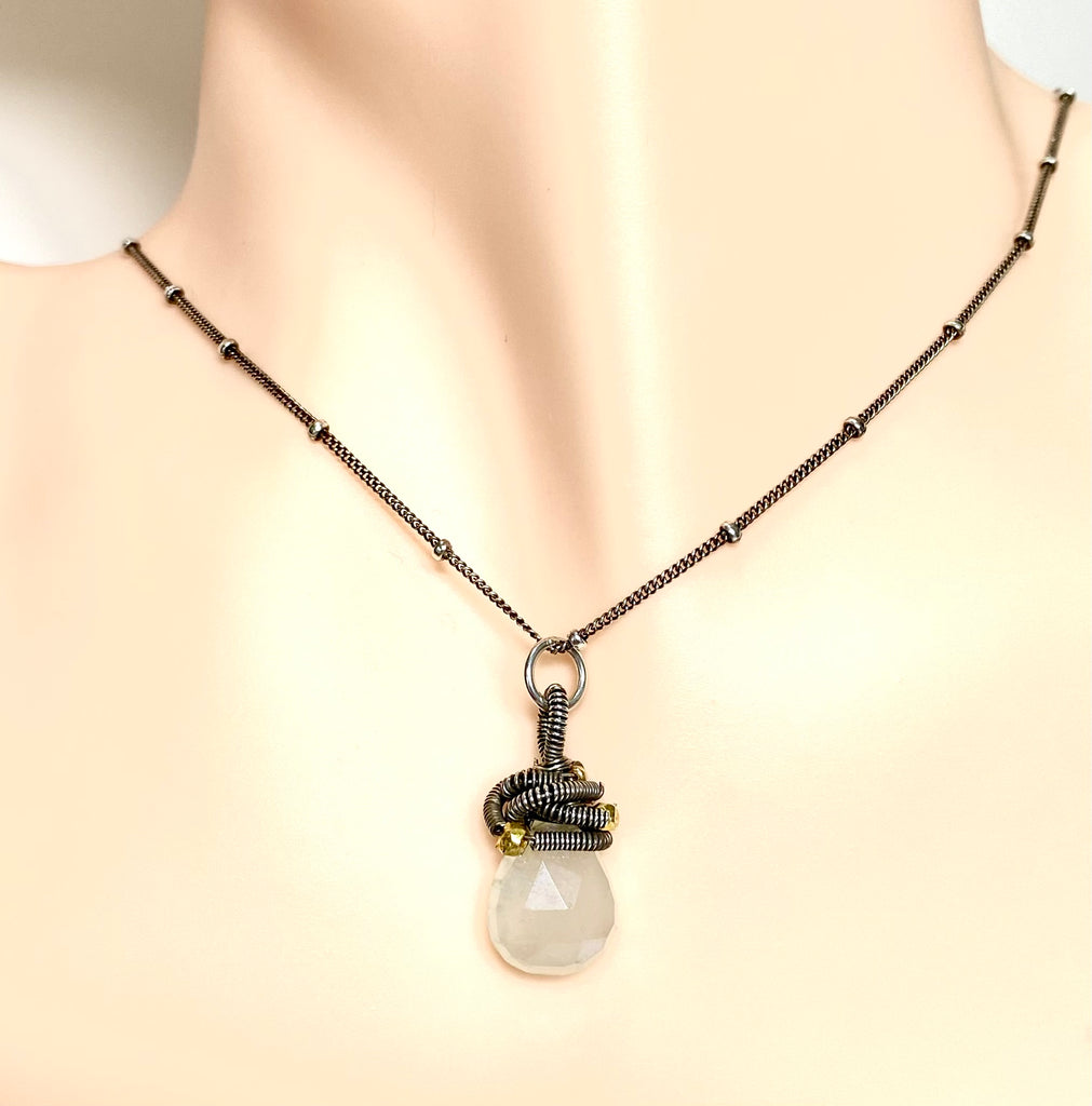 Mystic Ivory Chalcedony Mixed Metal Necklace Earrings Set