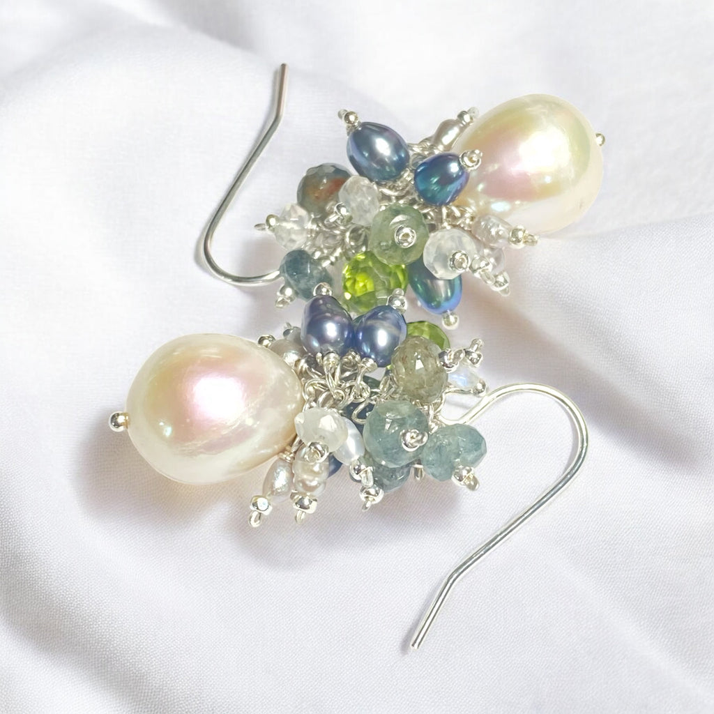 Moss Aquamarine and Pearl Cluster Earrings, Sterling Silver