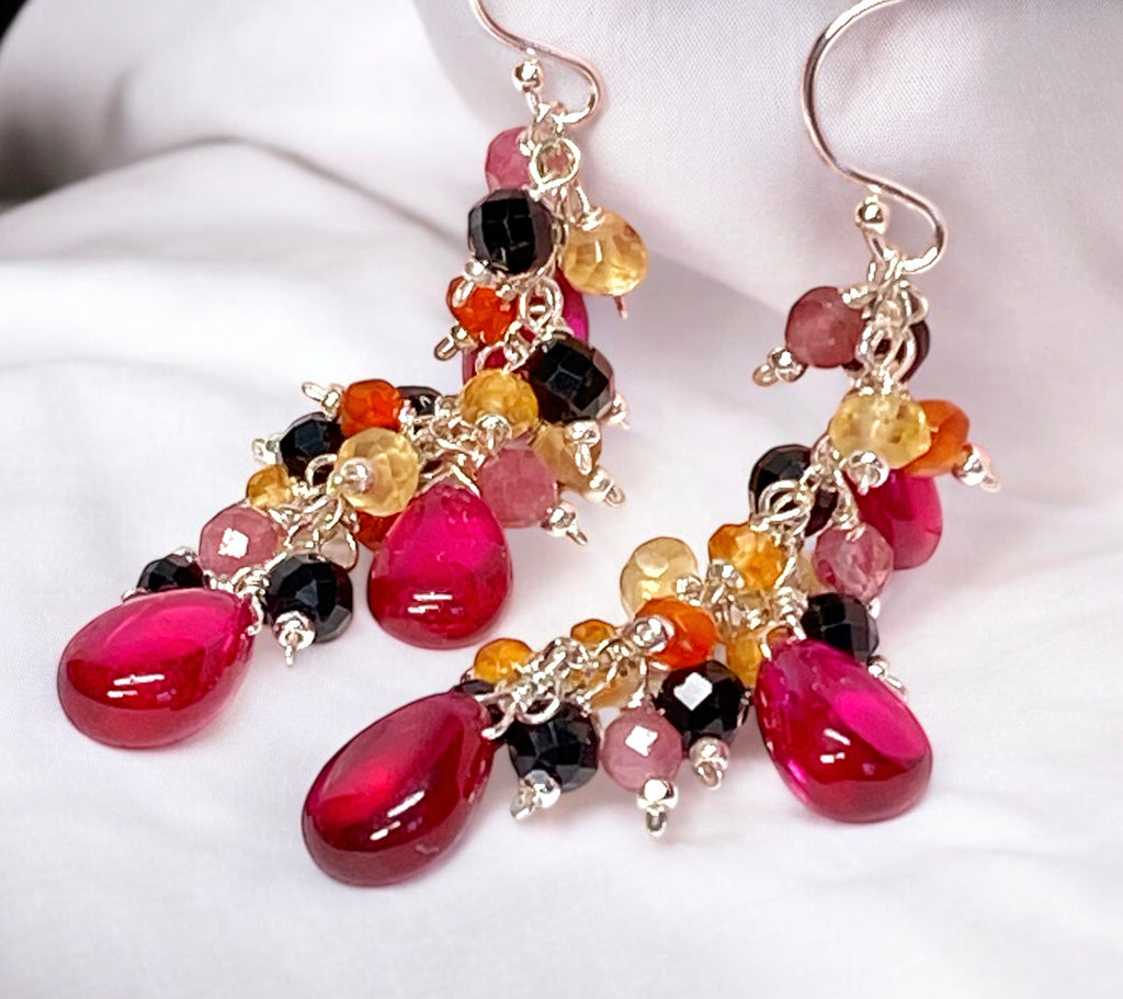 Rubellite Multi Gemstone Long Dangle Earrings Sterling Silver