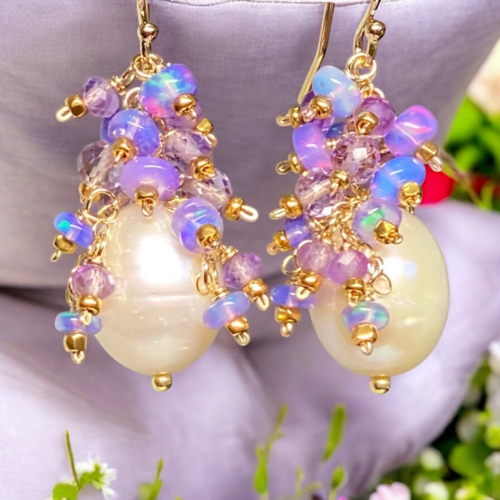 Lavender Blue Opal and Pearl Cluster Earrings, Gold Fill