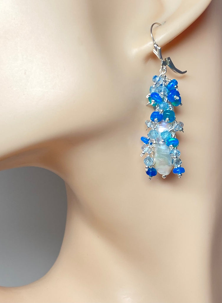 White Biwa Pearl and Aqua Blue Opal Cluster Earrings Sterling Silver