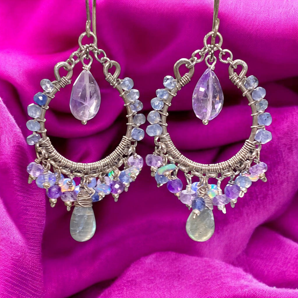 Blue Violet Chandelier Hoop Earrings Oxidized Silver — Iolite Labradorite Amethyst Ethiopian Opal - Doolittle
