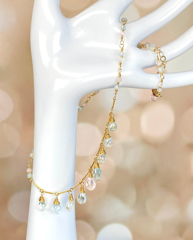 Aquamarine Morganite Dainty Dangle Necklace Gold Fill