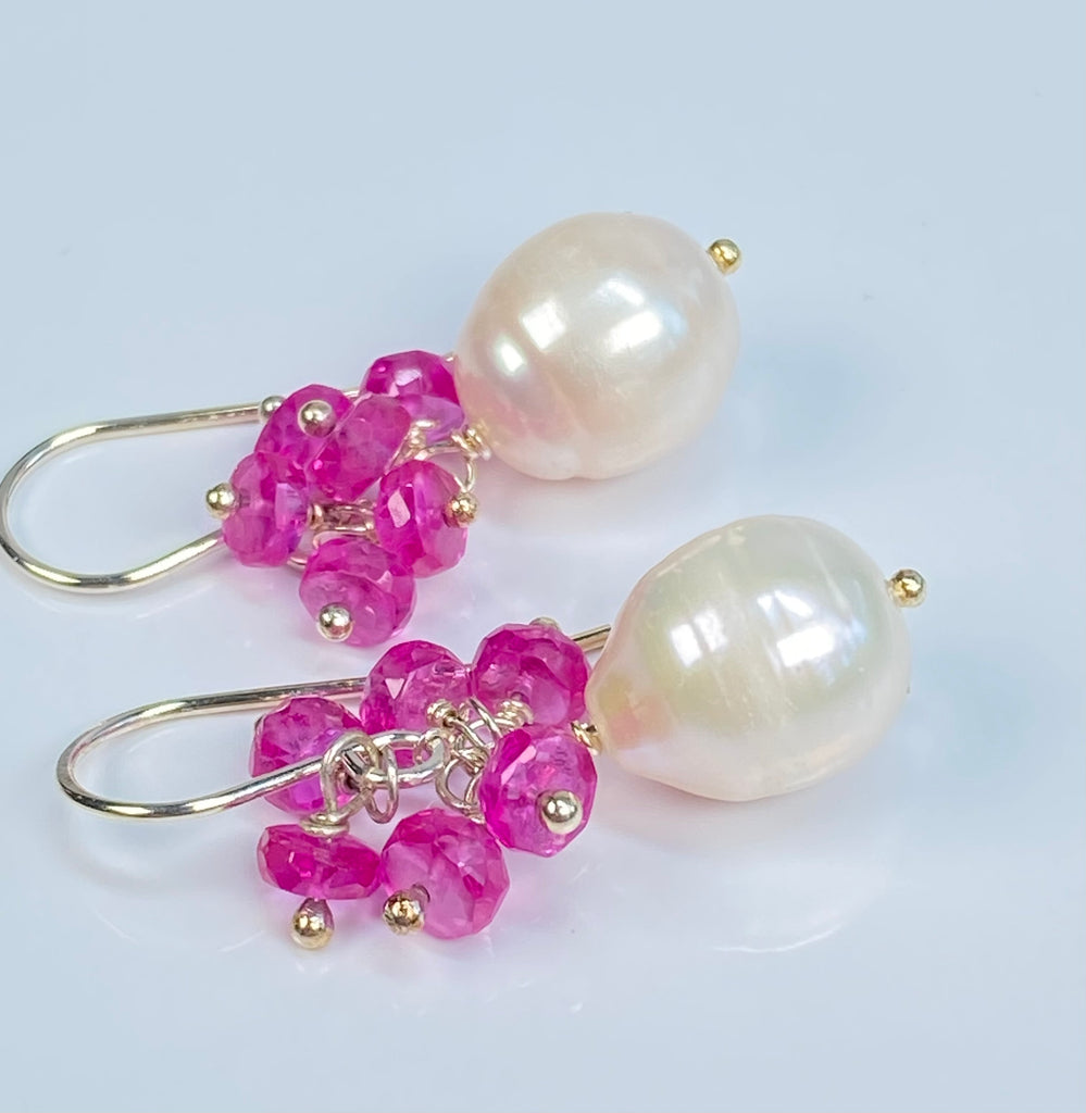 Pearl Cluster Earrings with Fuchsia Pink Sapphires, Sterling Silver