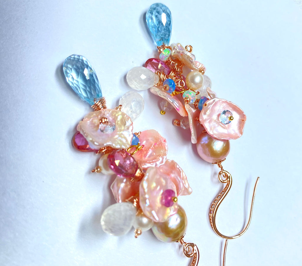 Blush Keishi Pearl Pink Topaz Pink Pearl Rose Gold Long Dangle Bridal Earrings - Doolittle