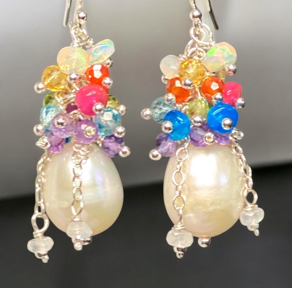 Pearl Earrings with Multi-color Opals and Gemstones in Gold Fill or Sterling Silver