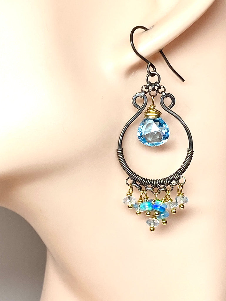 Blue Topaz, Opal, Chandelier Hoop Earrings Oxidized Silver Mixed Metal