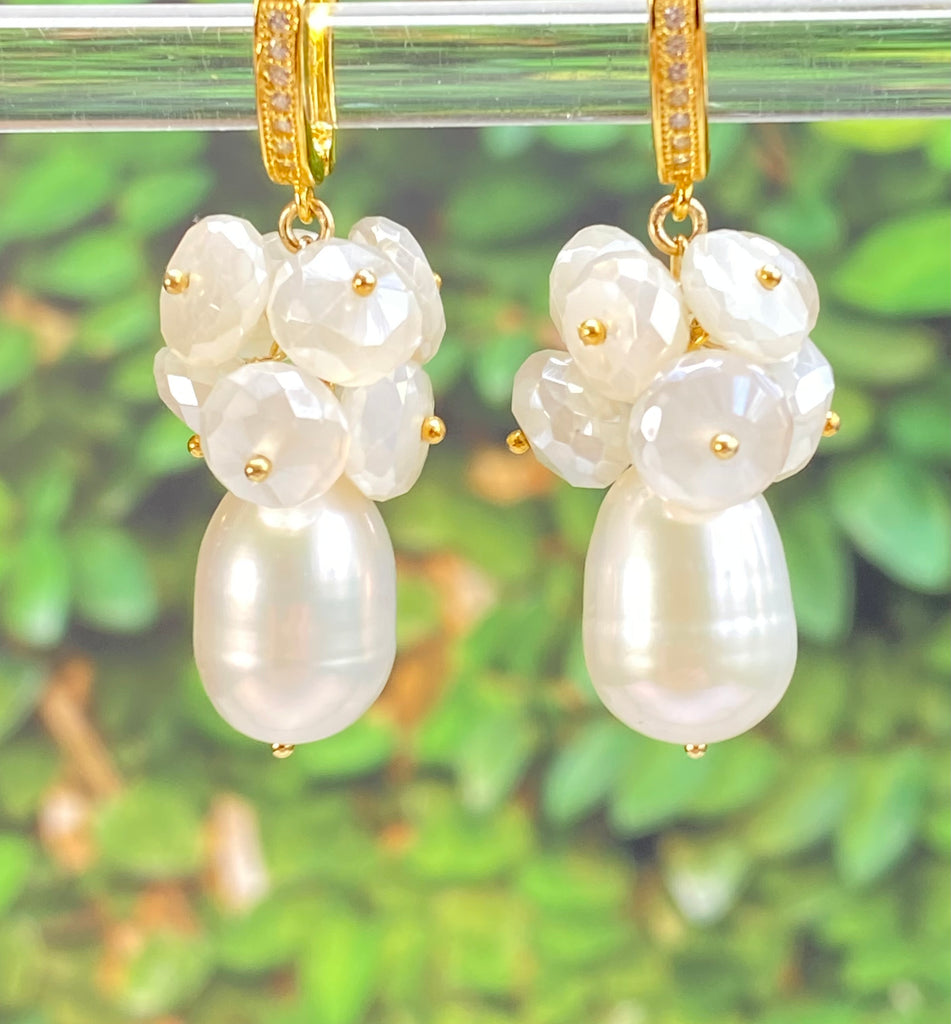 Baroque Pearl and Mystic Moonstone Gemstone Earrings Gold