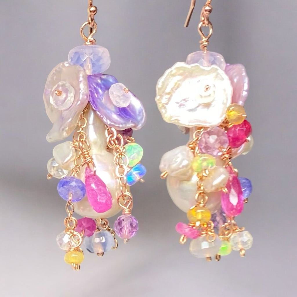 Flameball Pearl and Multicolor Gemstone Chain Dangle Earrings Rose Gold