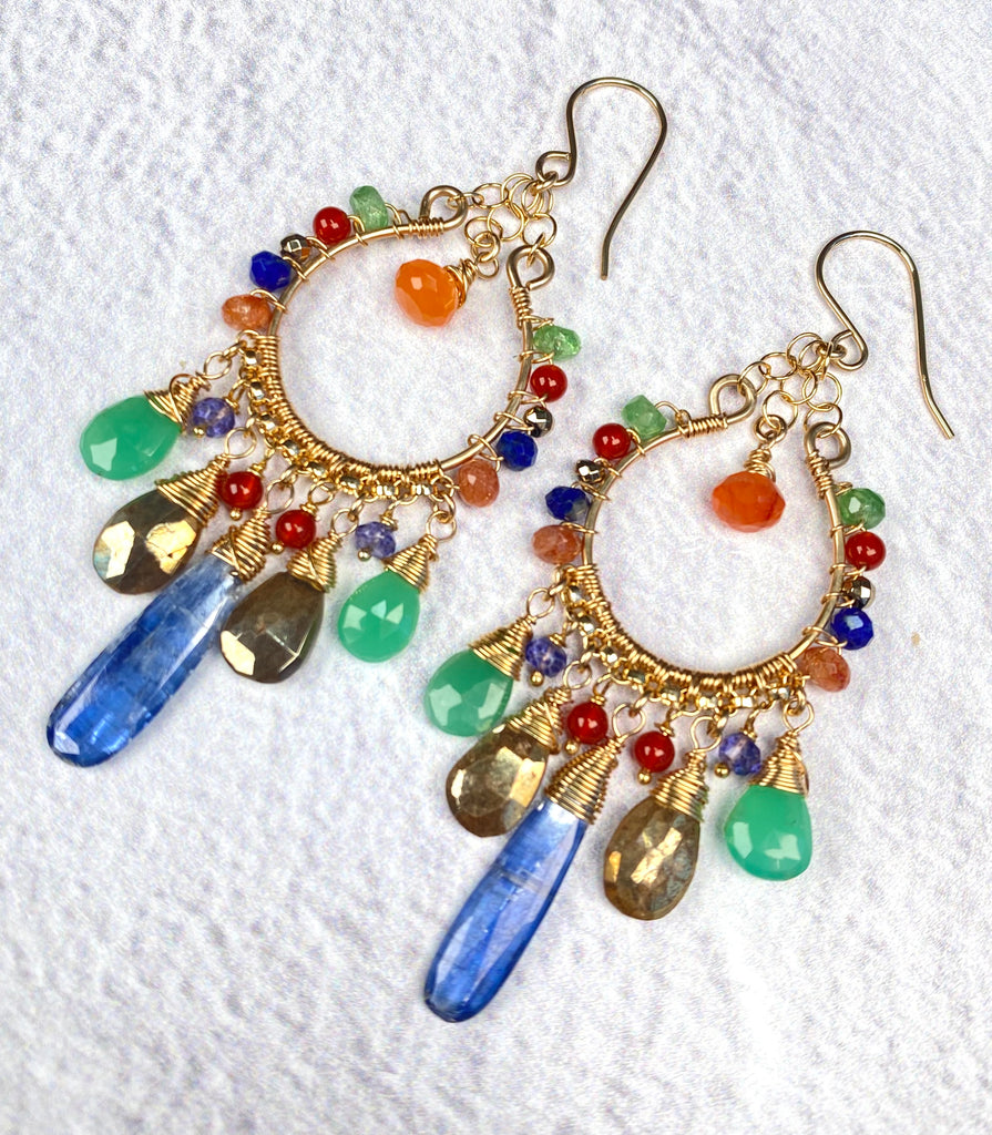 Kyanite and Carnelian Multicolor Gemstone Chandelier Earrings in Gold Fill - Doolittle