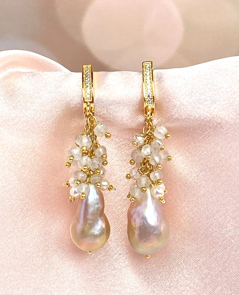 Baroque Flameball Gold Silver Metallic Pearl Earrings with Mystic Crystal Clusters Gold Fill