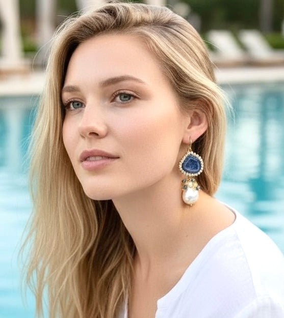 Black Tabasco Geode Earrings with White Baroque Pearls and Opal Clusters