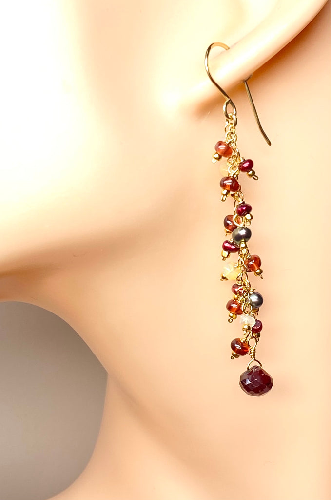 Red Garnet Cranberry Pearl and Opal Long Dangle Earring, Gold