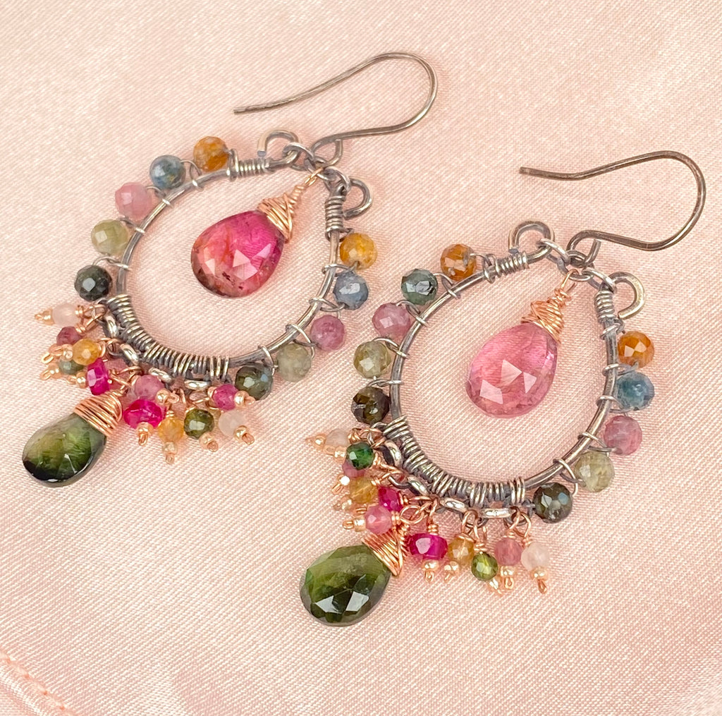Pink and Green Tourmaline Mixed Metal Hoop Chandelier Earrings - Rose Gold, Oxidized Silver