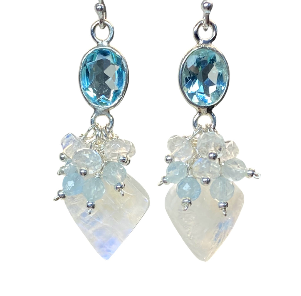 Rainbow Moonstone, Blue Topaz Cluster Dangle Earrings Sterling Silver