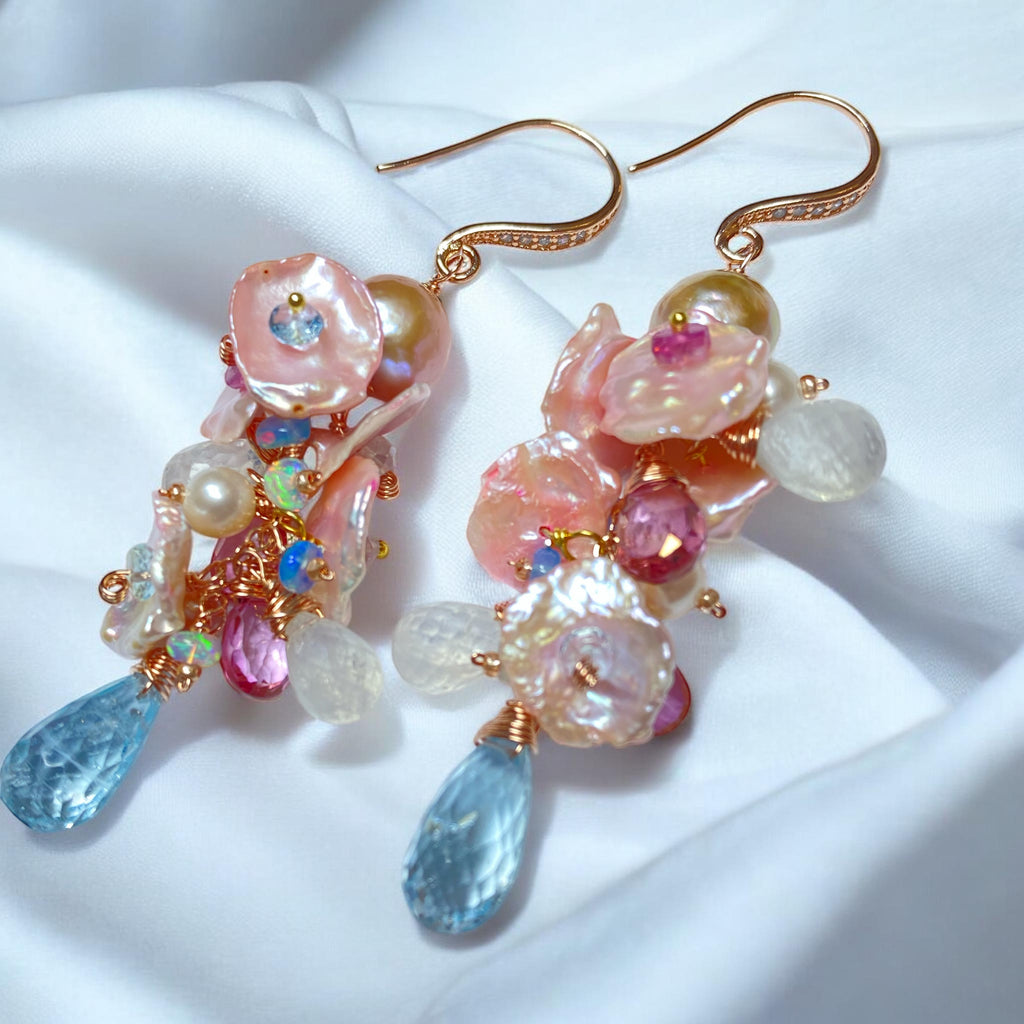 Blush Keishi Pearl Pink Topaz Pink Pearl Rose Gold Long Dangle Bridal Earrings - Doolittle